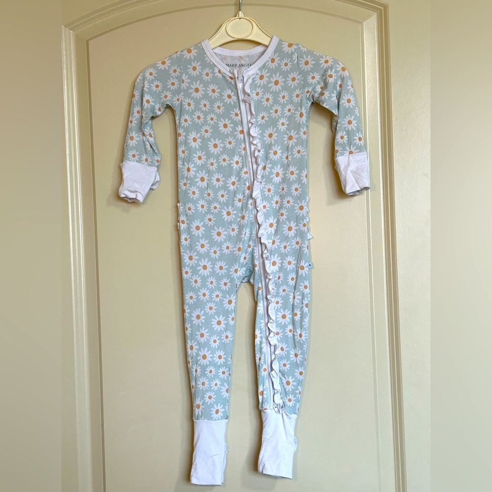 Daisy-Print Long Sleeve Kids One-Piece Pajamas - Light Blue